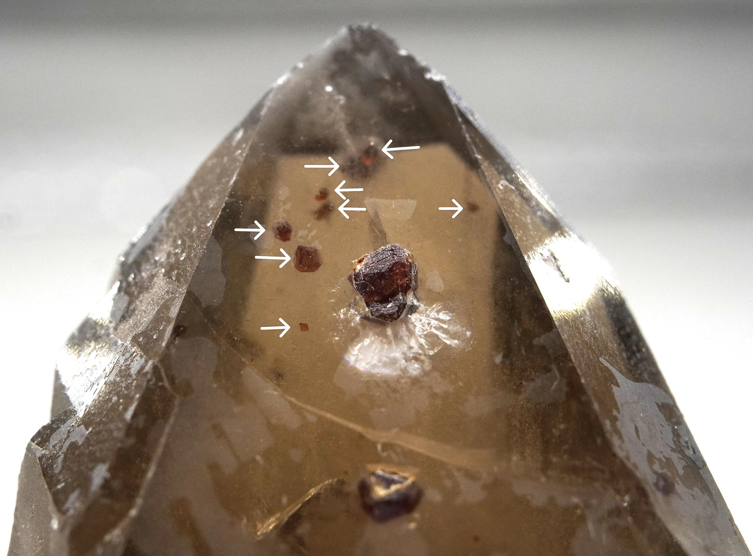 Spessartine Garnets on Self-Healed Smoky Manifestation Quartz: Rare Natural Crystal