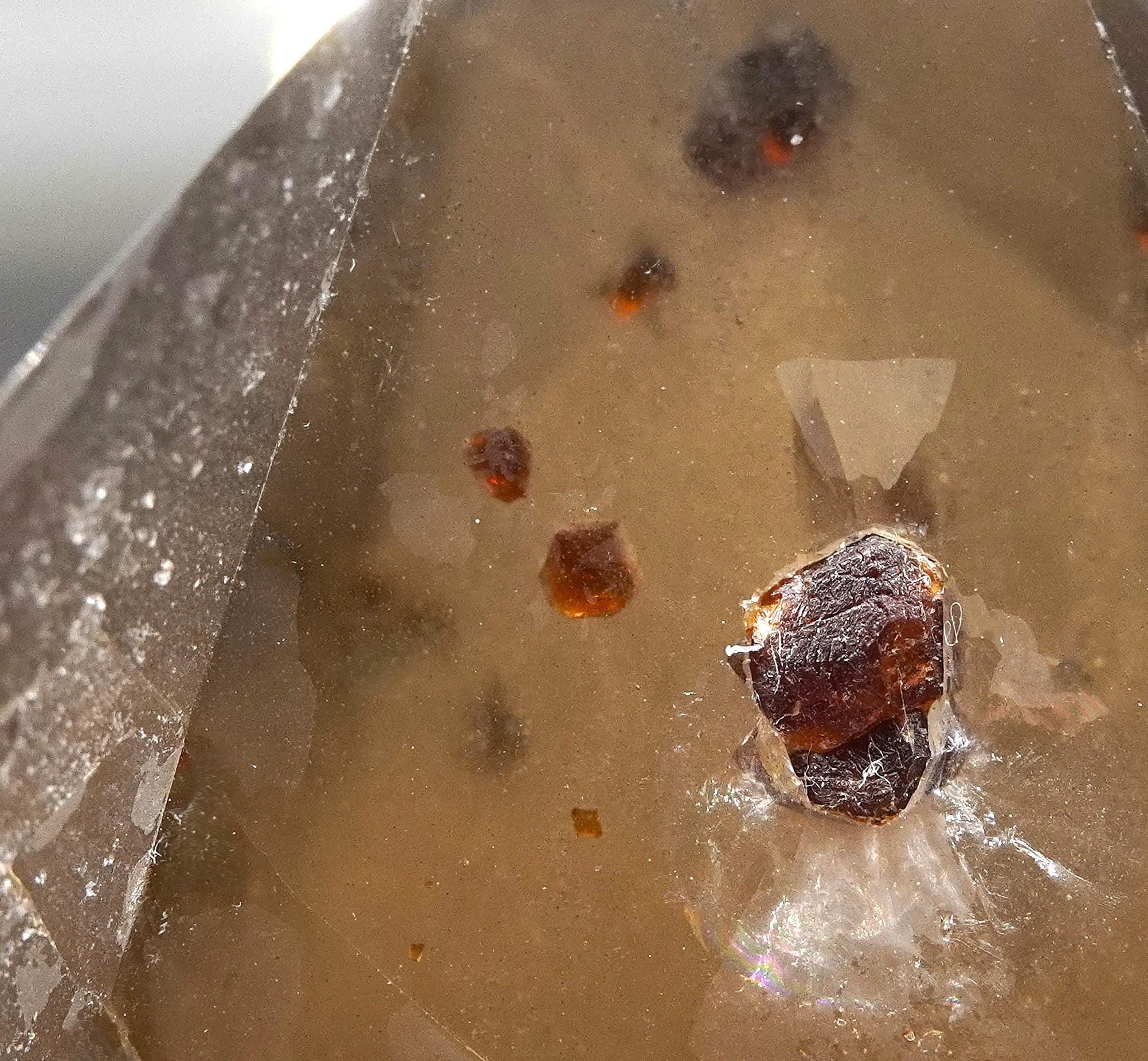 Spessartine Garnets on Self-Healed Smoky Manifestation Quartz: Rare Natural Crystal