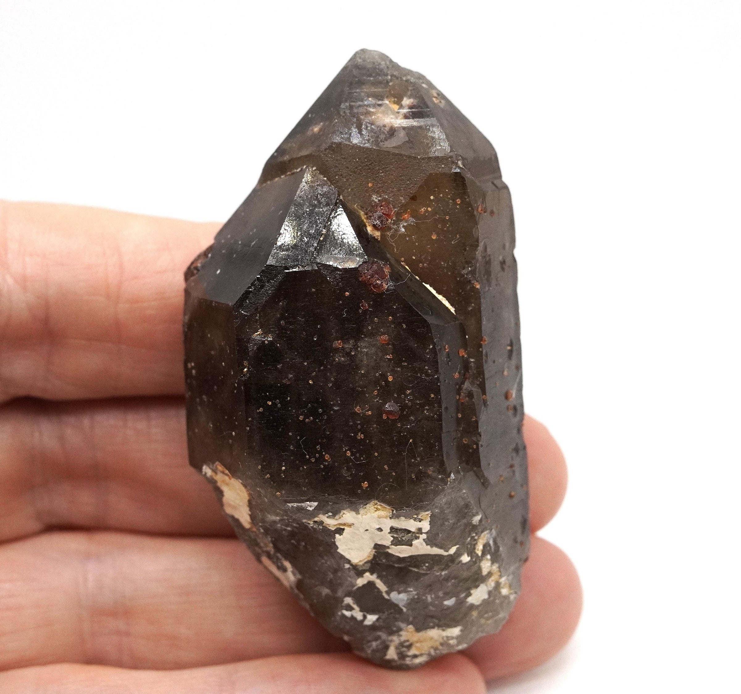 Spessartine Garnets on Self-Healed Smoky Manifestation Quartz: Rare Natural Crystal
