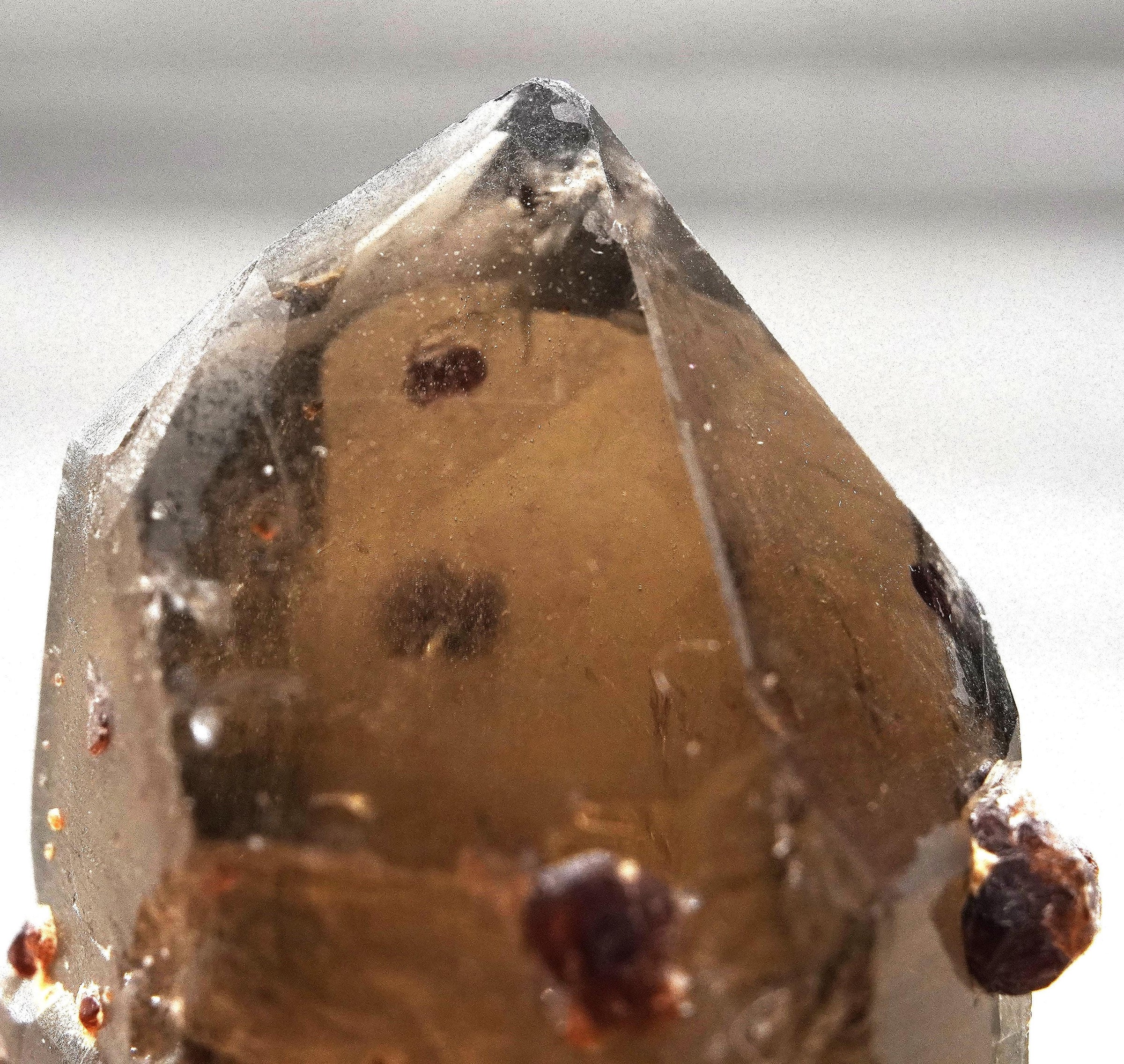 Spessartine Garnets on Self-Healed Smoky Manifestation Quartz: Rare Natural Crystal