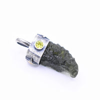 Handmade Moldavite and Peridot Sterling Silver and 24k Gold Keum-Boo Pendant