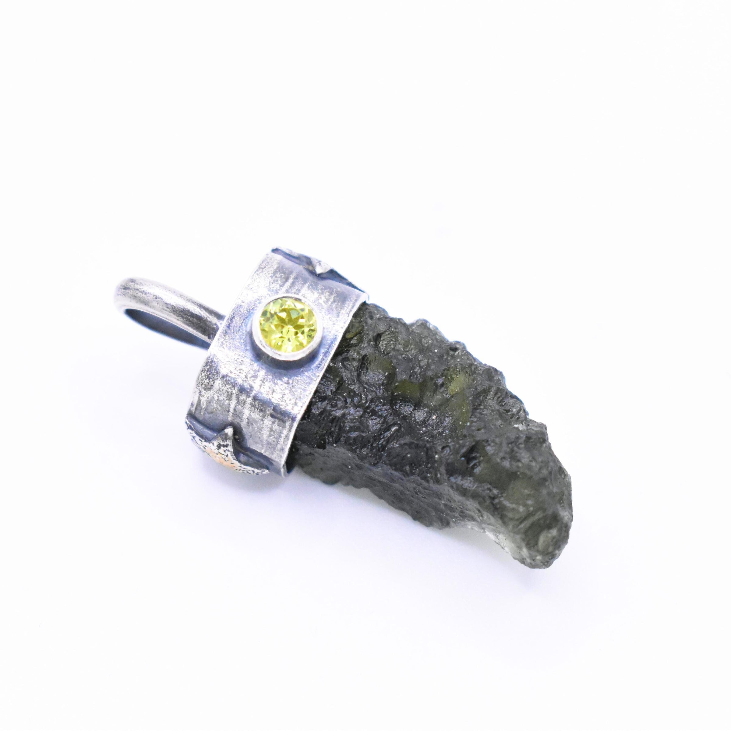 Handmade Moldavite and Peridot Sterling Silver and 24k Gold Keum-Boo Pendant