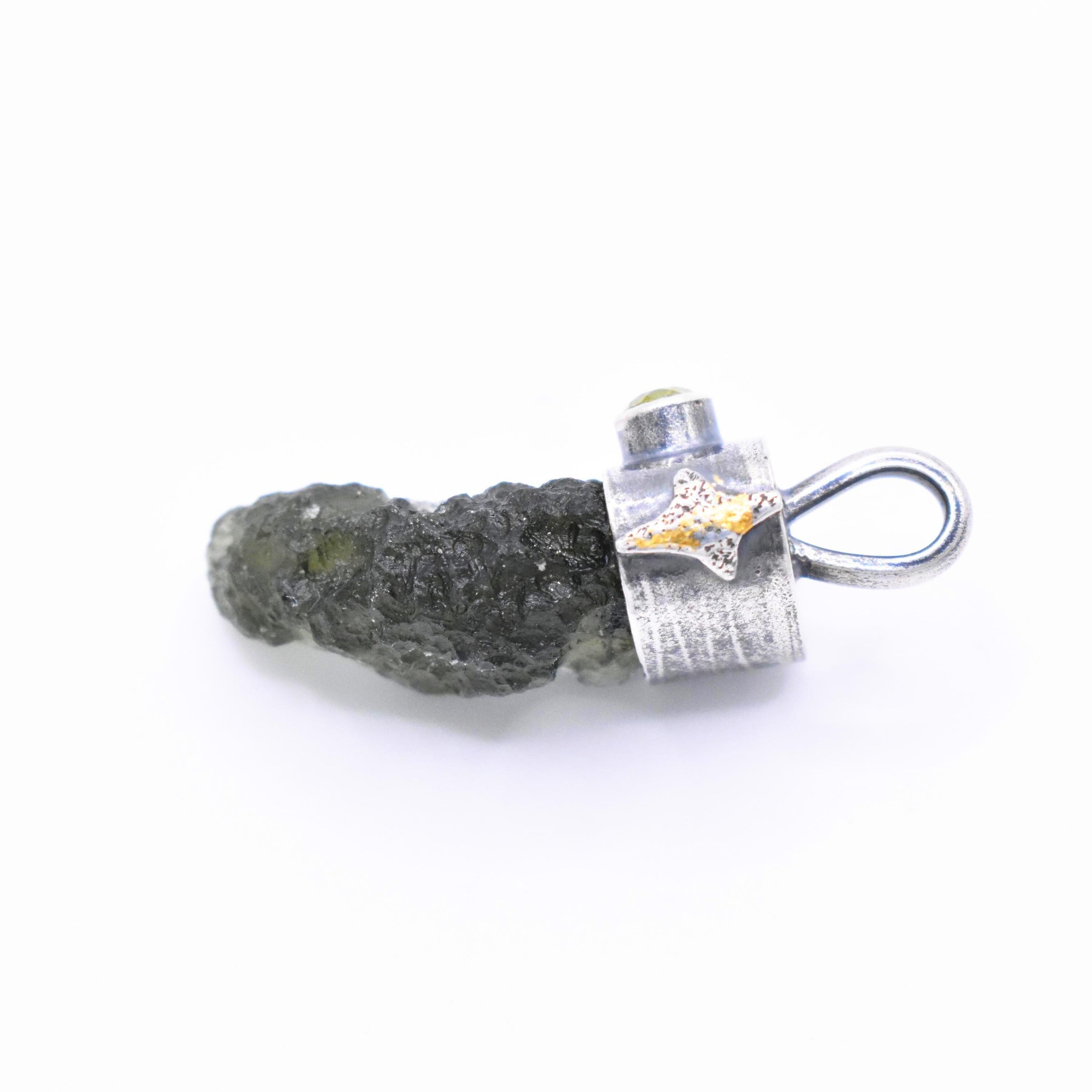 Handmade Moldavite and Peridot Sterling Silver and 24k Gold Keum-Boo Pendant
