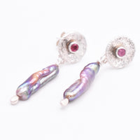 Sterling Silver Biwa Pearl and Pink Tourmaline Earrings