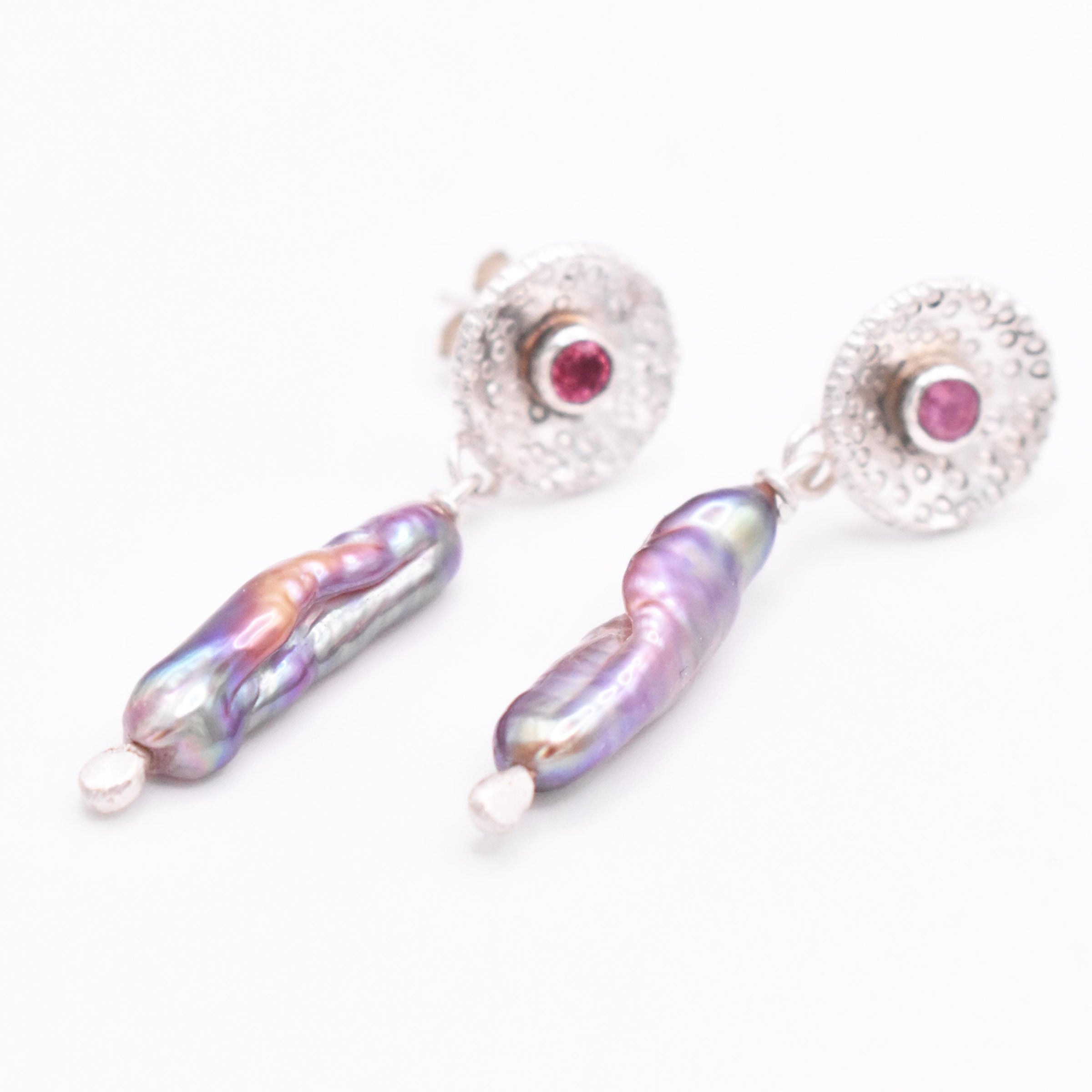 Sterling Silver Biwa Pearl and Pink Tourmaline Earrings