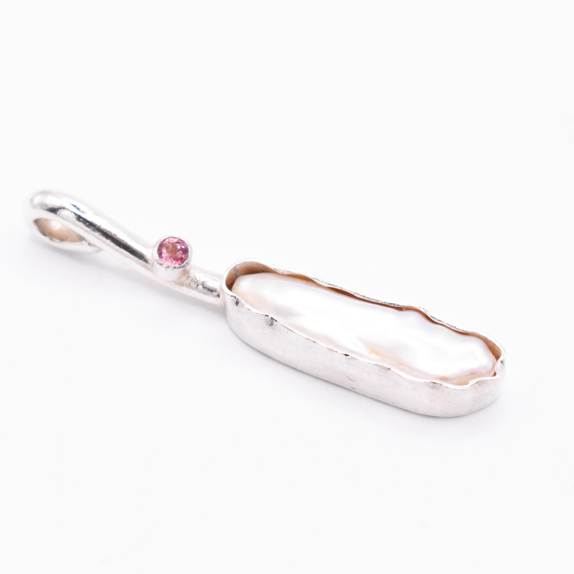 Sterling Silver Biwa Pearl and Pink Tourmaline Pendant