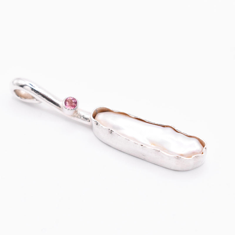 Sterling Silver Biwa Pearl and Pink Tourmaline Pendant