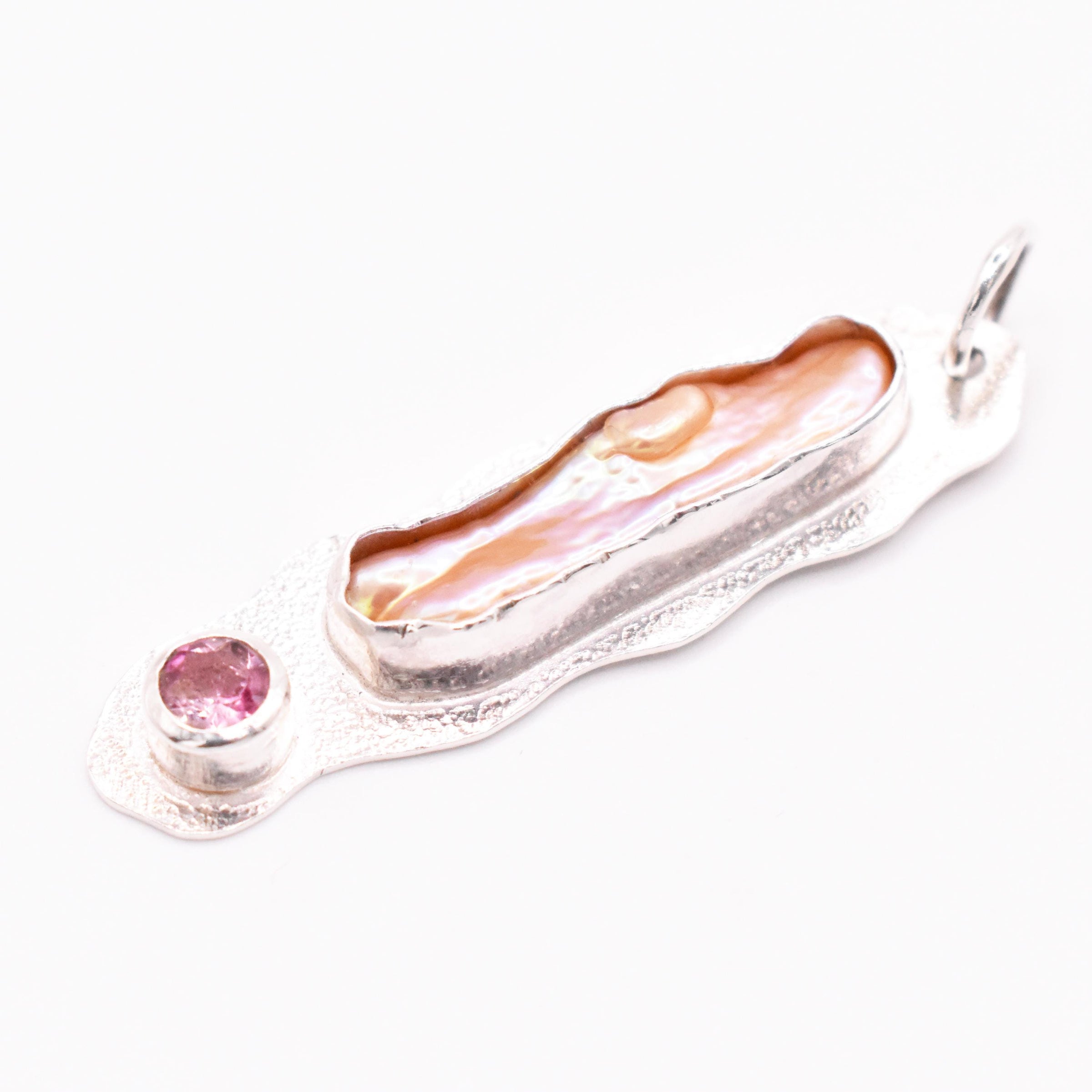 Sterling Silver Biwa Pearl and Pink Tourmaline Pendant