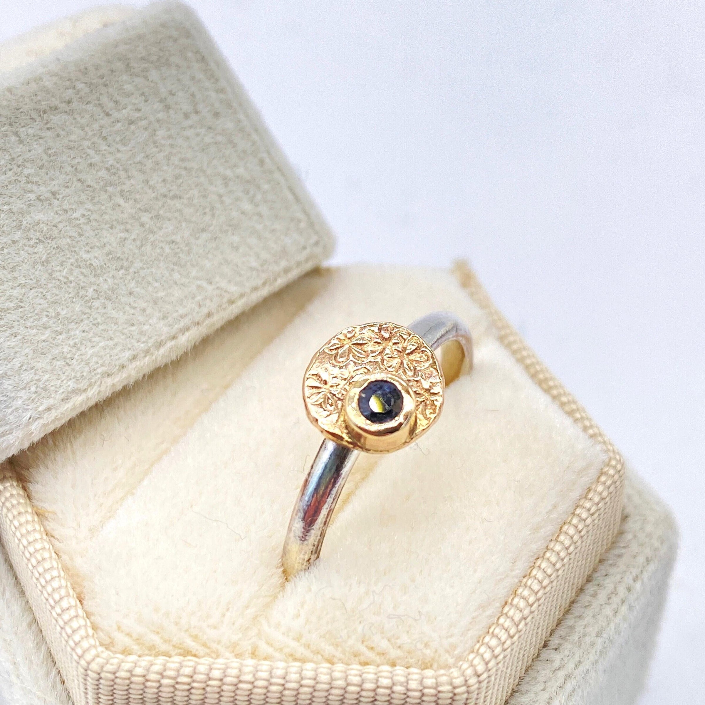 Gold & Silver Blue Sapphire Daisy Ring: Unique Handmade Natural Gemstone Jewellery