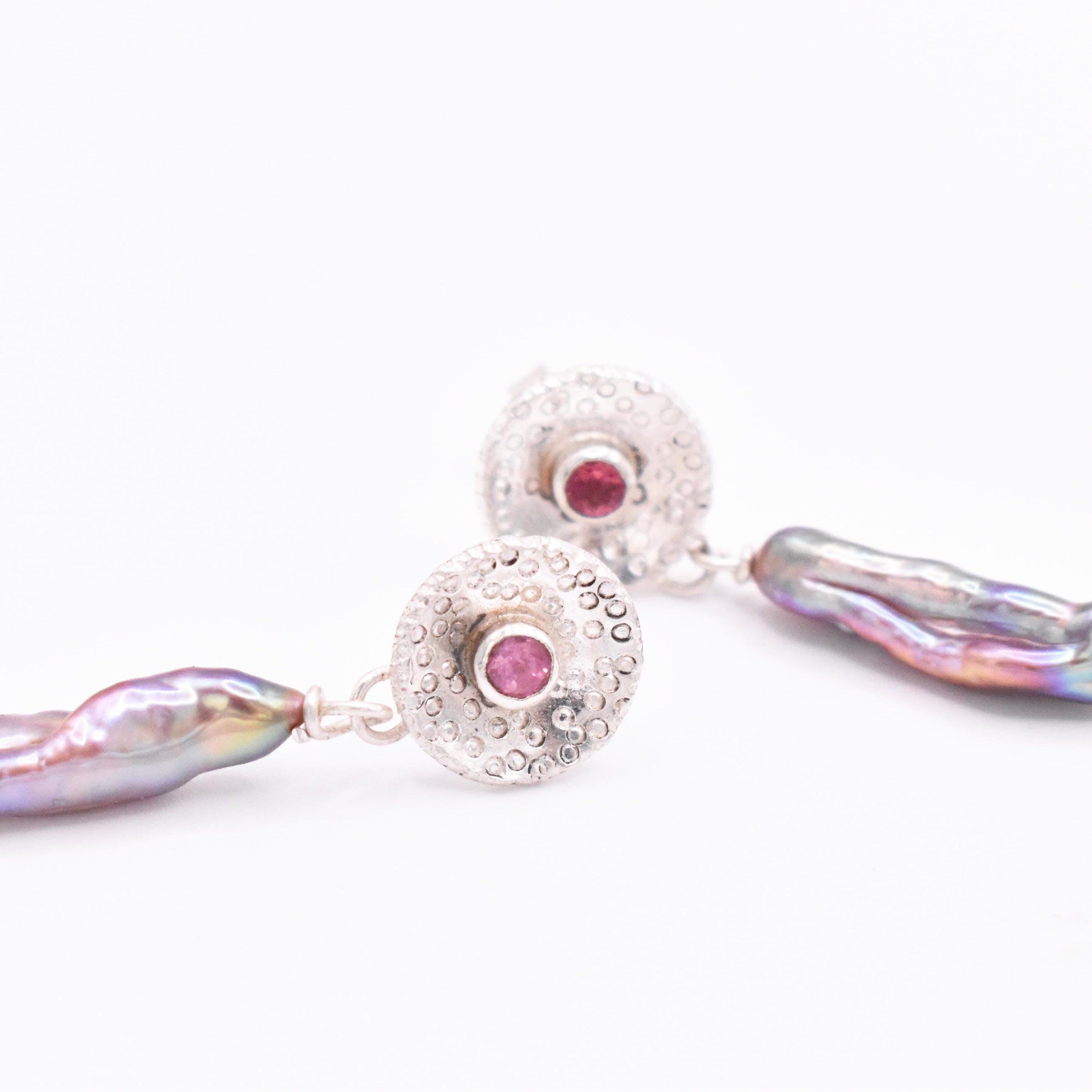 Sterling Silver Biwa Pearl and Pink Tourmaline Earrings