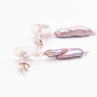 Sterling Silver Biwa Pearl and Pink Tourmaline Earrings
