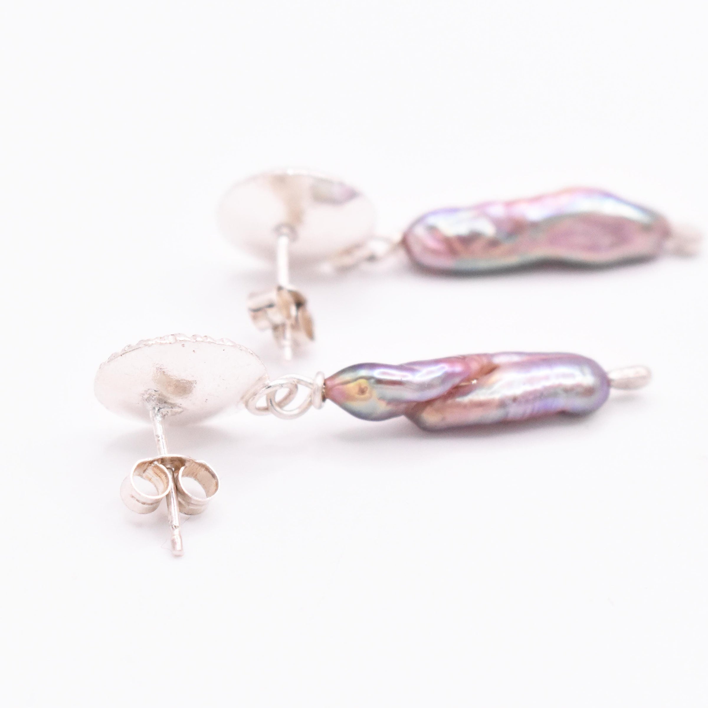 Sterling Silver Biwa Pearl and Pink Tourmaline Earrings