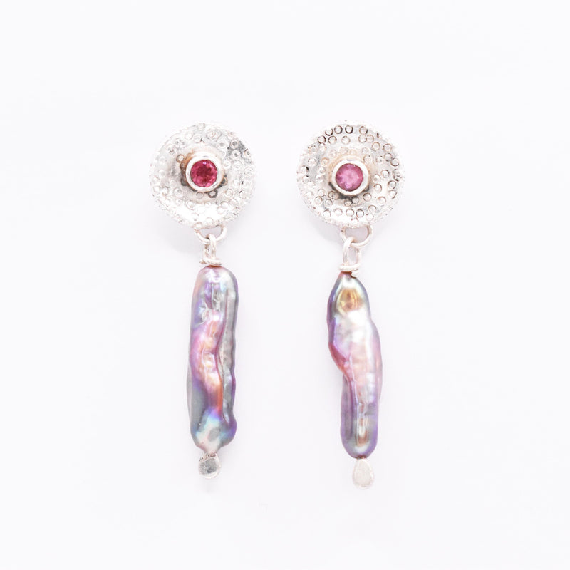 Sterling Silver Biwa Pearl and Pink Tourmaline Earrings