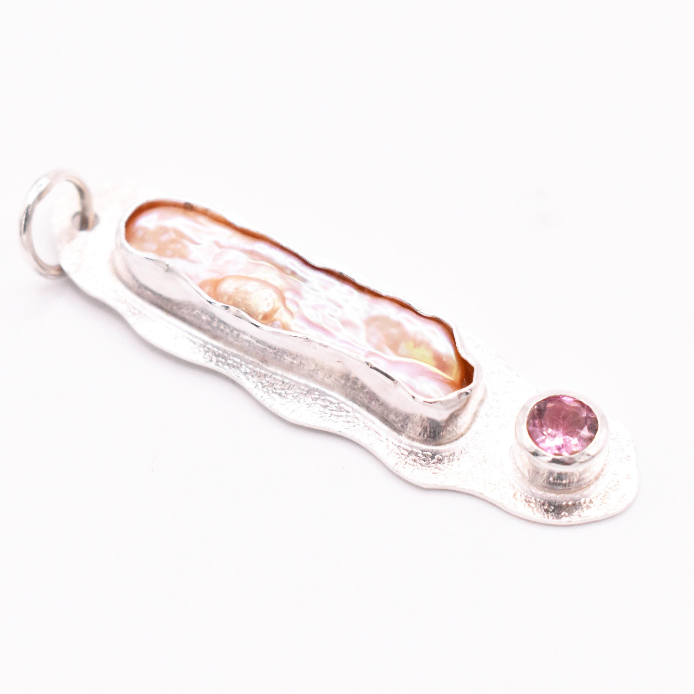 Sterling Silver Biwa Pearl and Pink Tourmaline Pendant