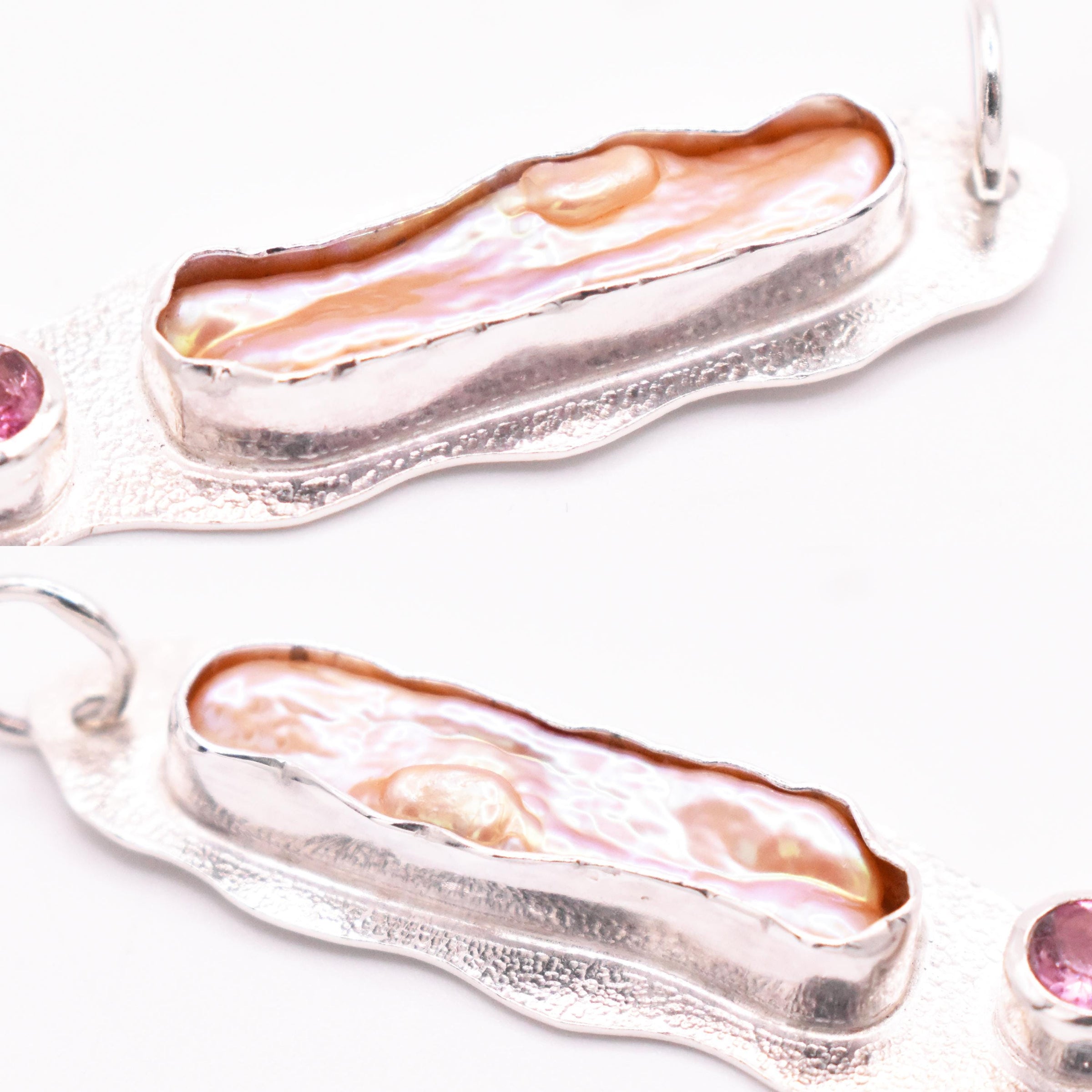 Sterling Silver Biwa Pearl and Pink Tourmaline Pendant