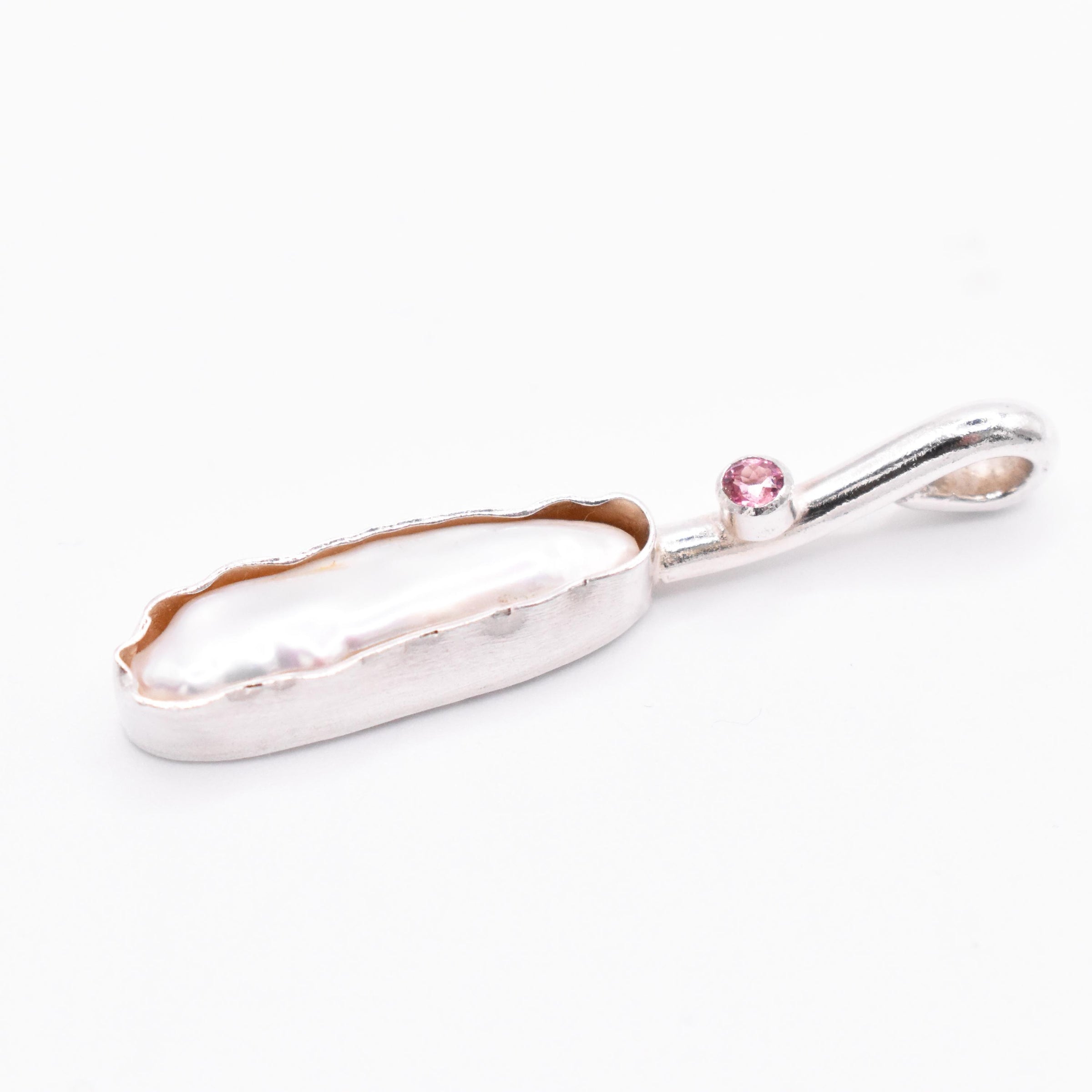 Sterling Silver Biwa Pearl and Pink Tourmaline Pendant