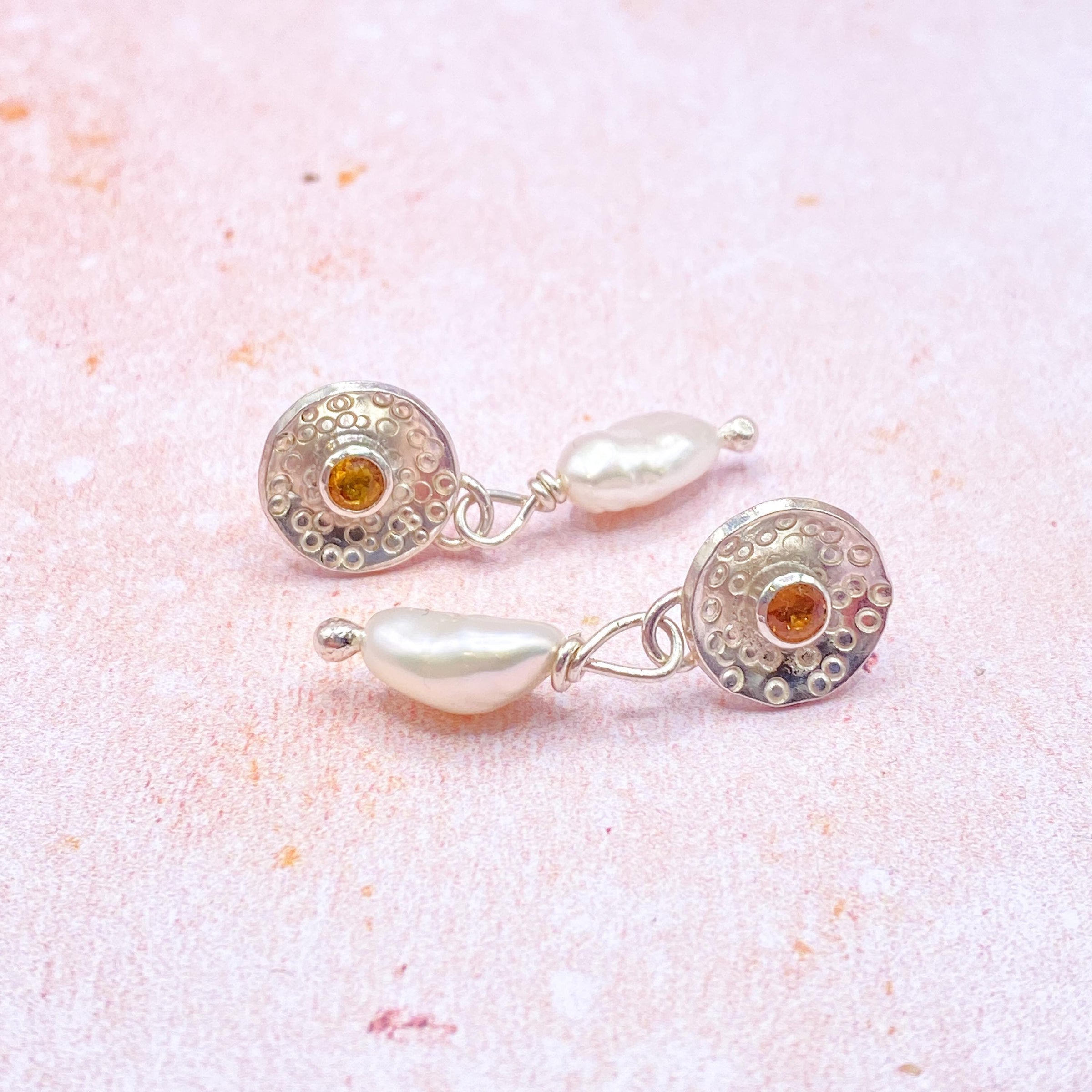 Sterling Silver Baroque Pearl and Sapphire Earrings: Unique Handmade Natural Gemstone Jewellery
