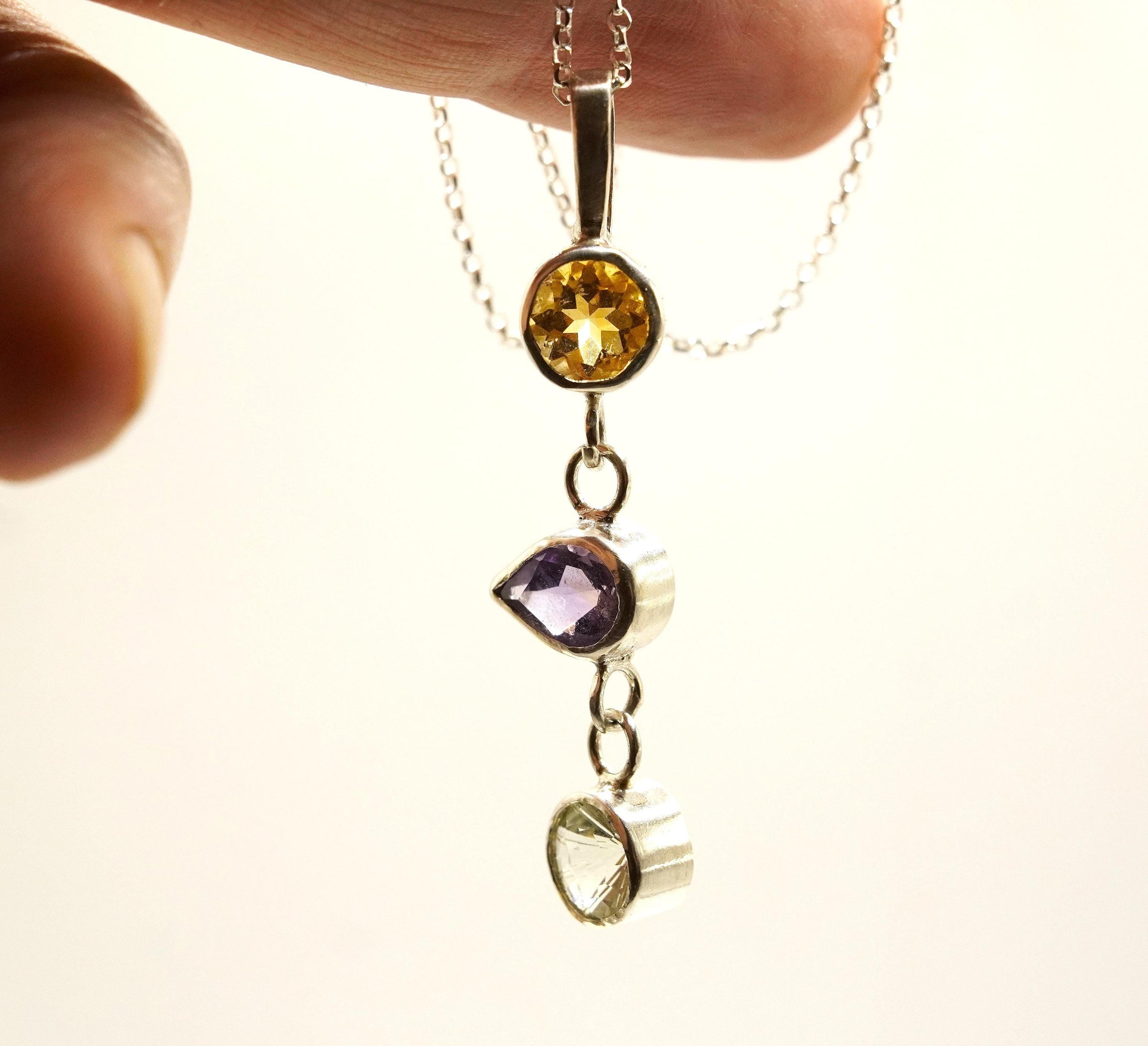 Natural Citrine, Amethyst & Prasiolite Silver Pendant: Handmade Natural Gemstone Jewellery