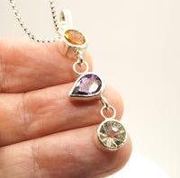 Natural Citrine, Amethyst & Prasiolite Silver Pendant: Handmade Natural Gemstone Jewellery