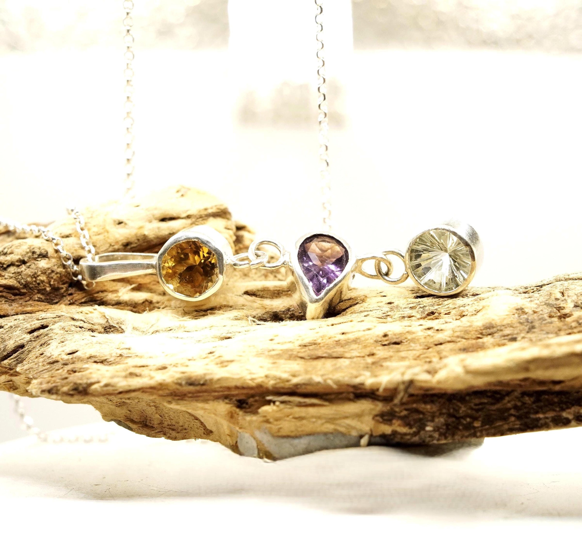 Natural Citrine, Amethyst & Prasiolite Silver Pendant: Handmade Natural Gemstone Jewellery