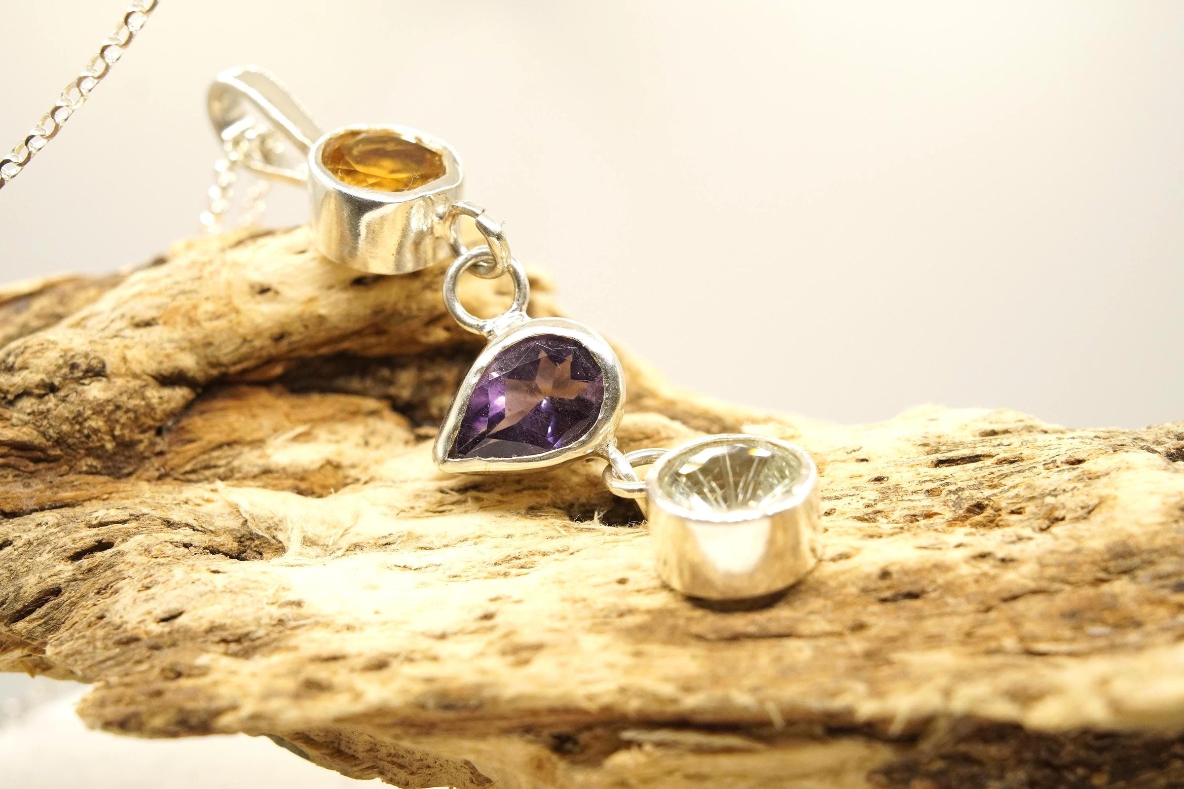 Natural Citrine, Amethyst & Prasiolite Silver Pendant: Handmade Natural Gemstone Jewellery