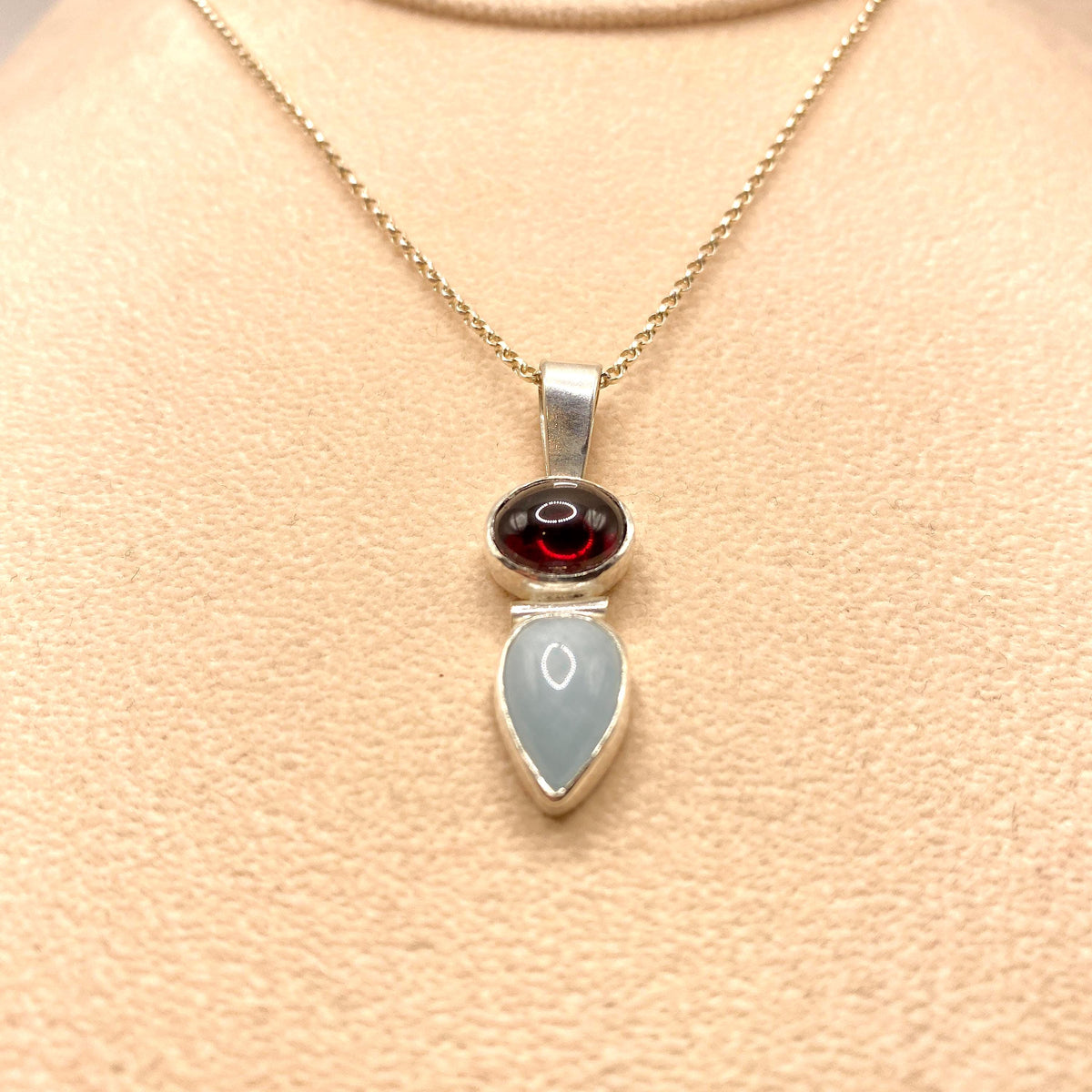 Garnet & Aquamarine Sterling Silver Pendant: Unique Handmade Natural Gemstone Jewellery