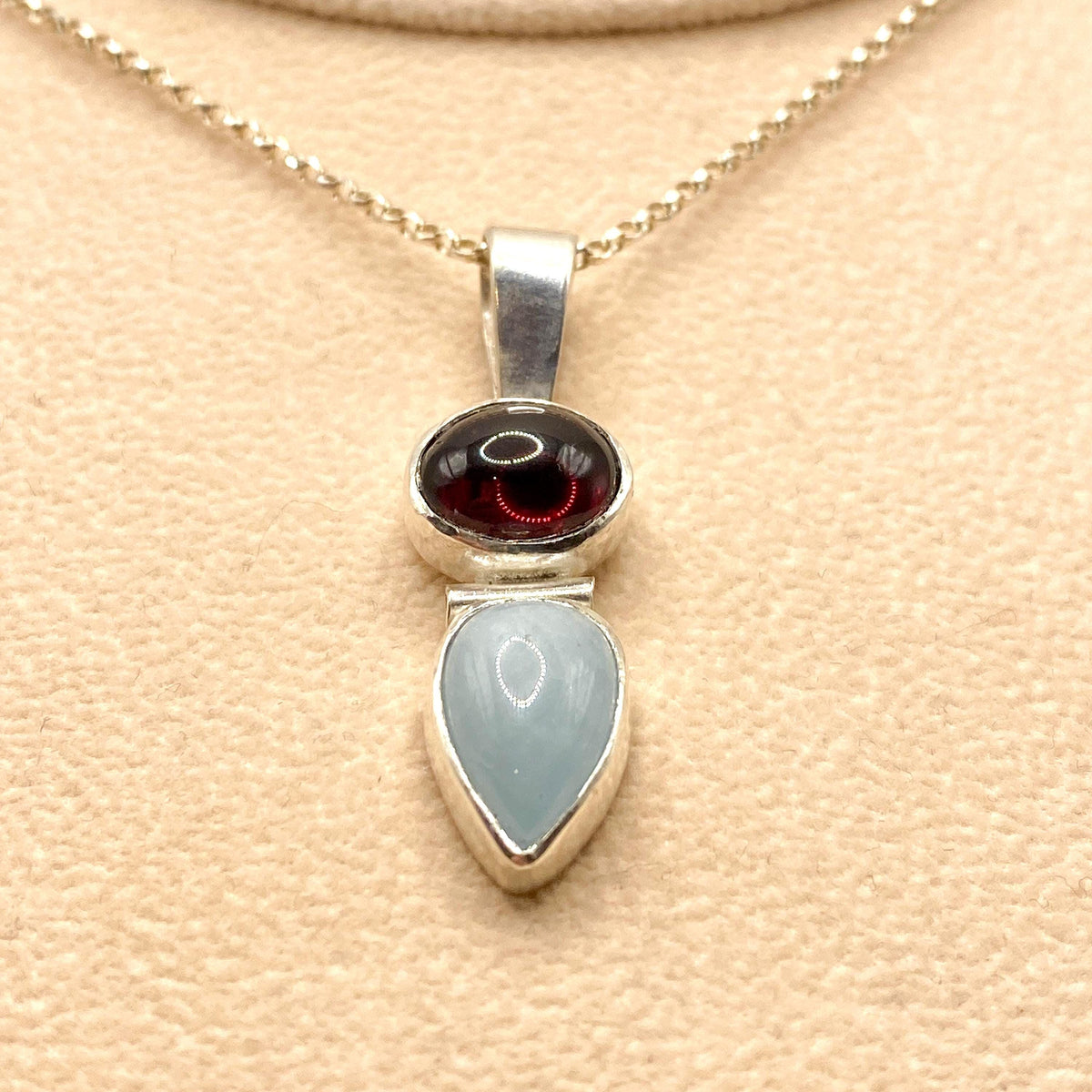 Garnet & Aquamarine Sterling Silver Pendant: Unique Handmade Natural Gemstone Jewellery