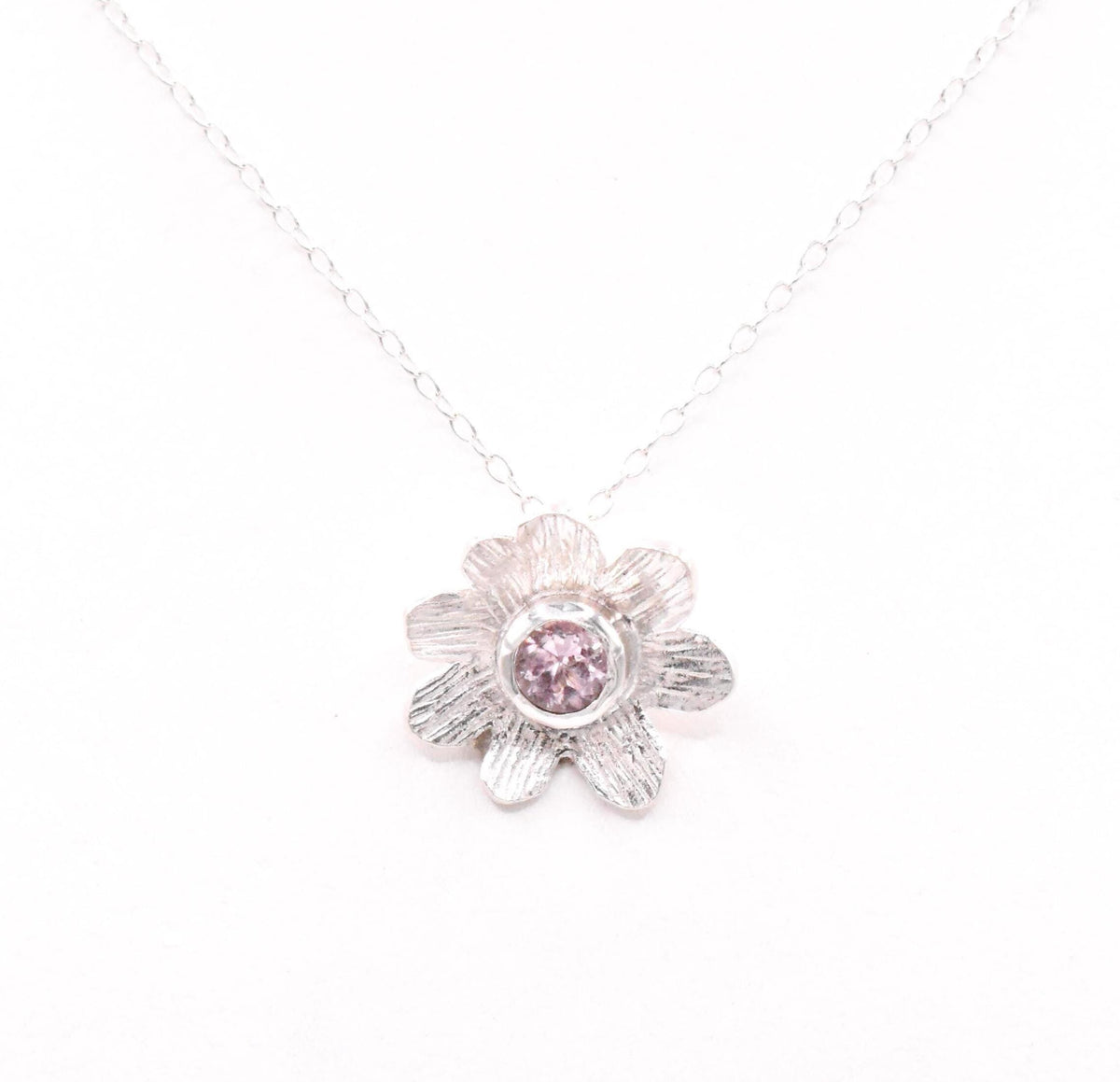 Pink Tourmaline Silver Flower Pendant: Unique Handmade Natural Gemstone Jewellery