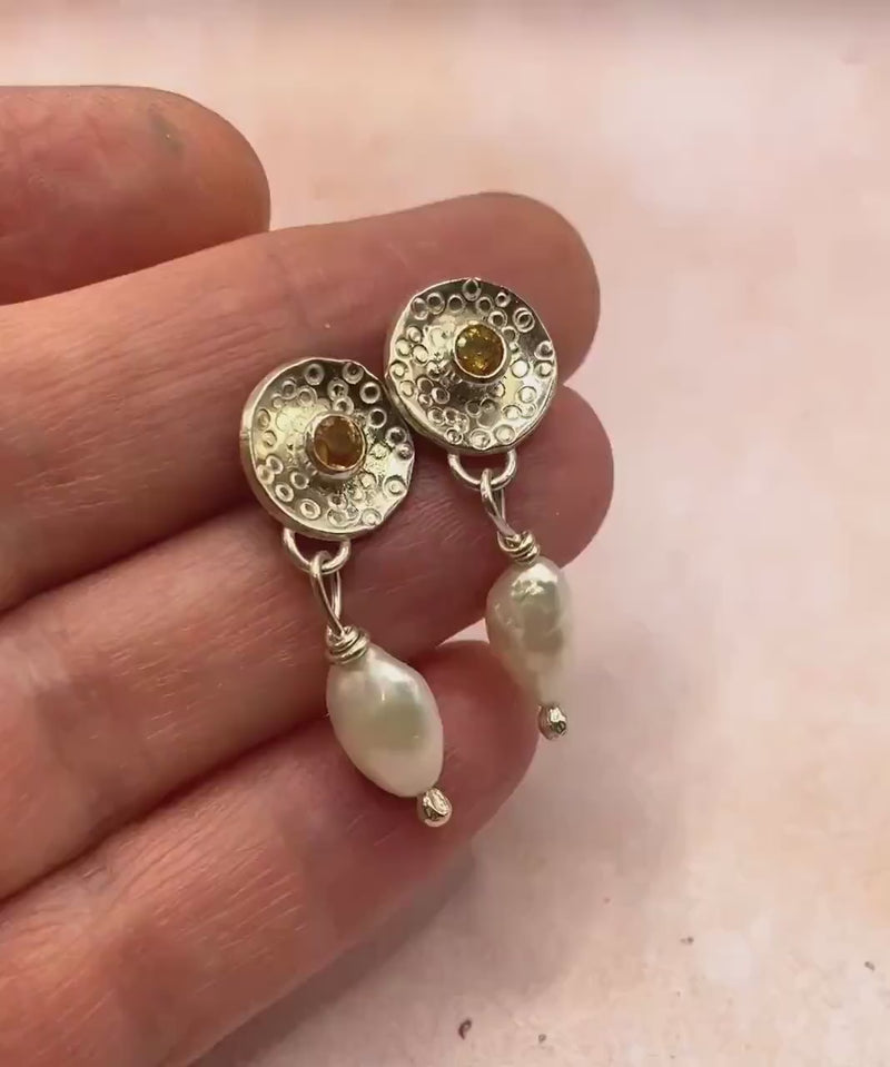 Sterling Silver Baroque Pearl and Sapphire Earrings: Unique Handmade Natural Gemstone Jewellery